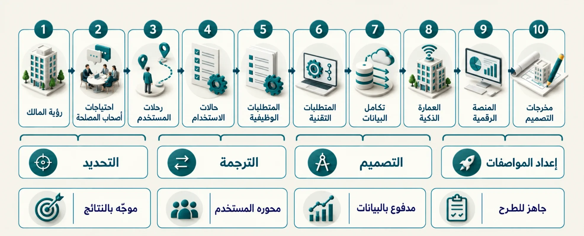 عشر خطوات للمنهجية، مع مراحل التحديد والترجمة والتصميم والتوصيف.