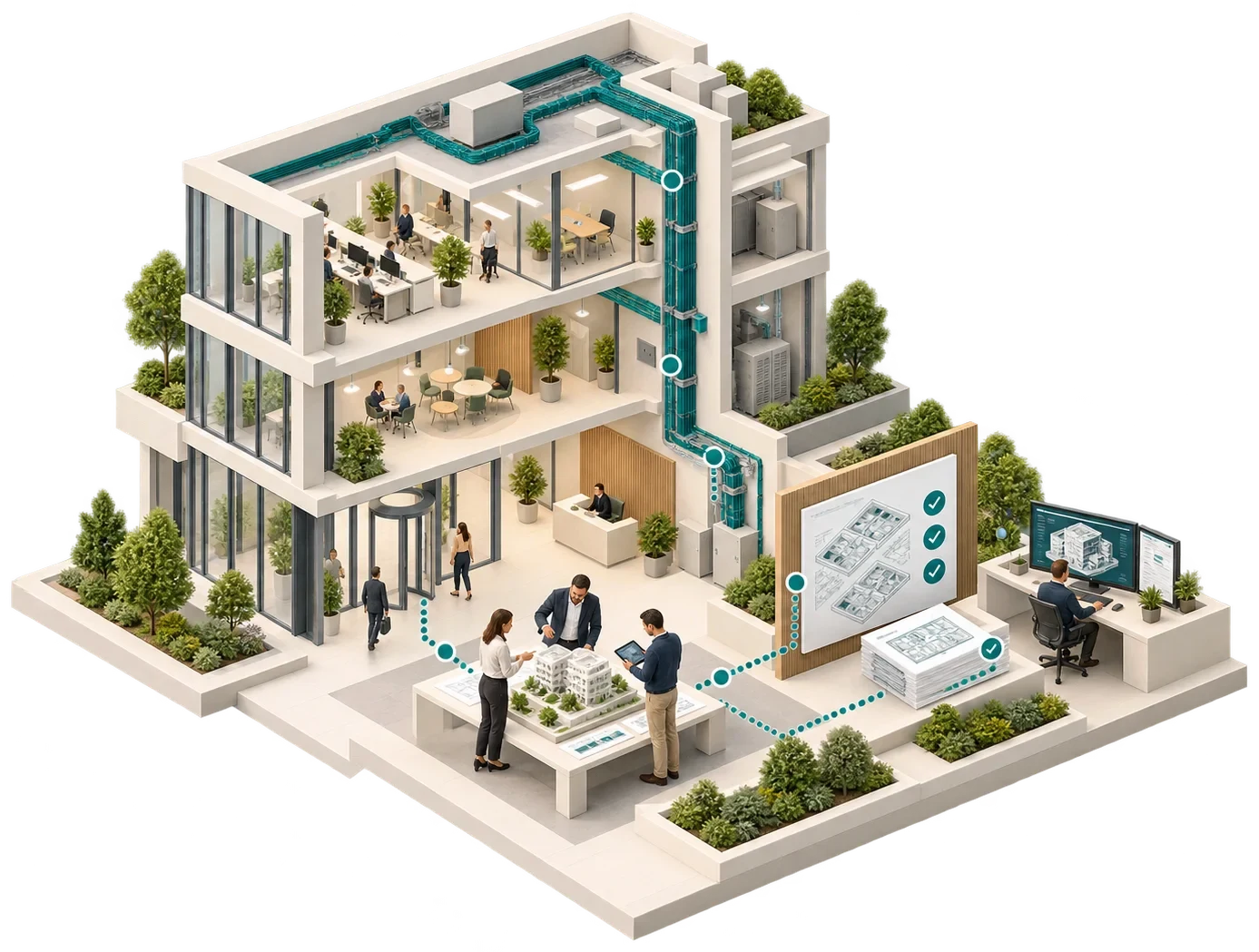 ورشة تصميم حول مجسّم مبنى، مع مخططات ونموذج رقمي وأنظمة المبنى مترابطة.