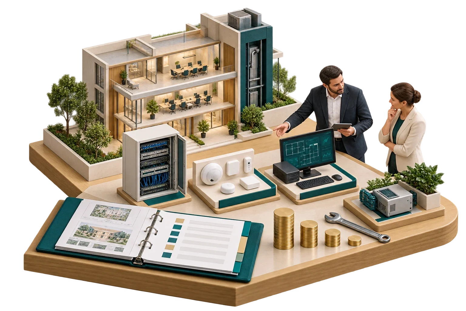 Conceptual isometric illustration: Smart building cost planning model, not a verified engineering diagram.