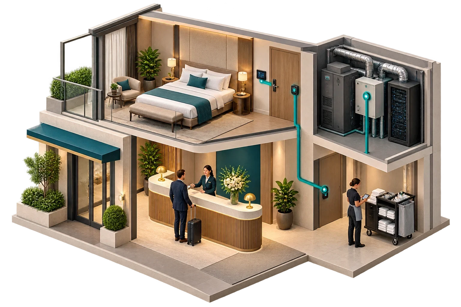 Conceptual isometric illustration: Boutique hotel with smart systems-2, not a verified engineering diagram.
