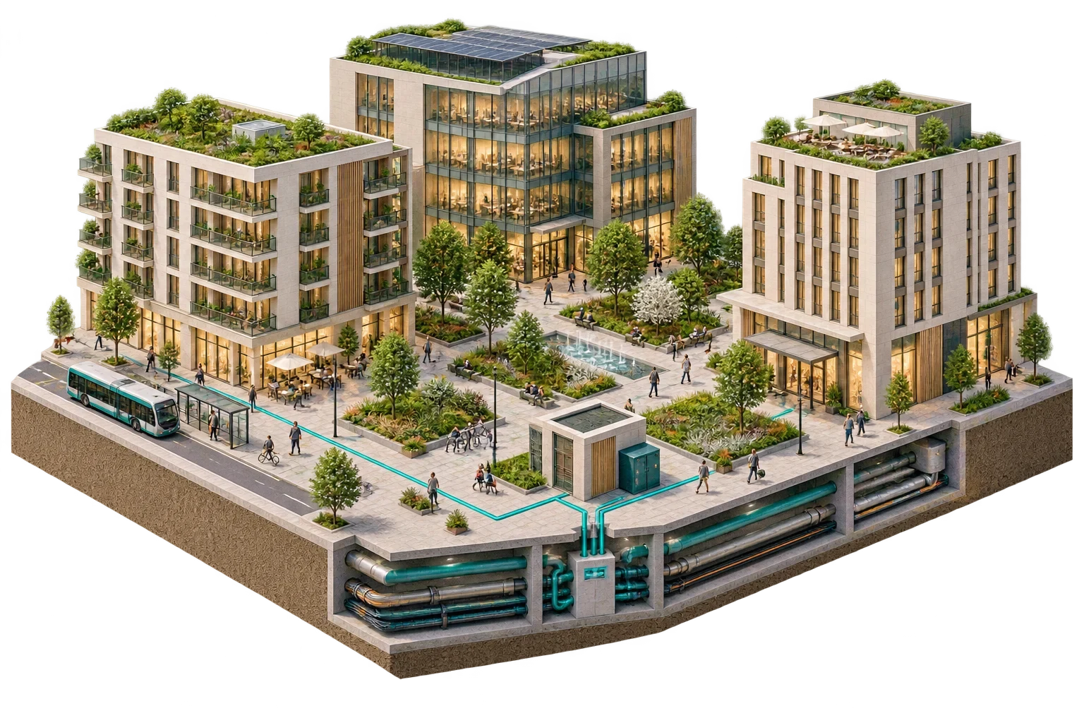 Conceptual isometric illustration: Mixed-use smart district with shared infrastructure-1, not a verified engineering diagram.