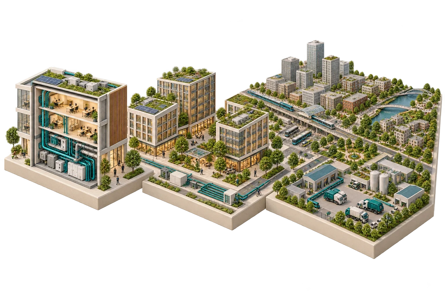 Conceptual isometric illustration: From smart building to connected city-2, not a verified engineering diagram.