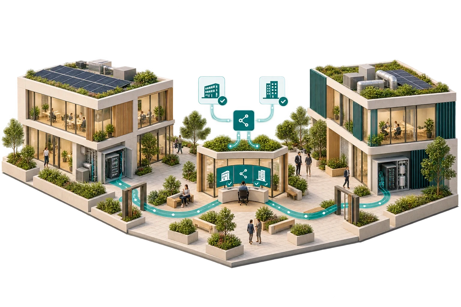 Conceptual isometric illustration: District buildings share governed data-2, not a verified engineering diagram.