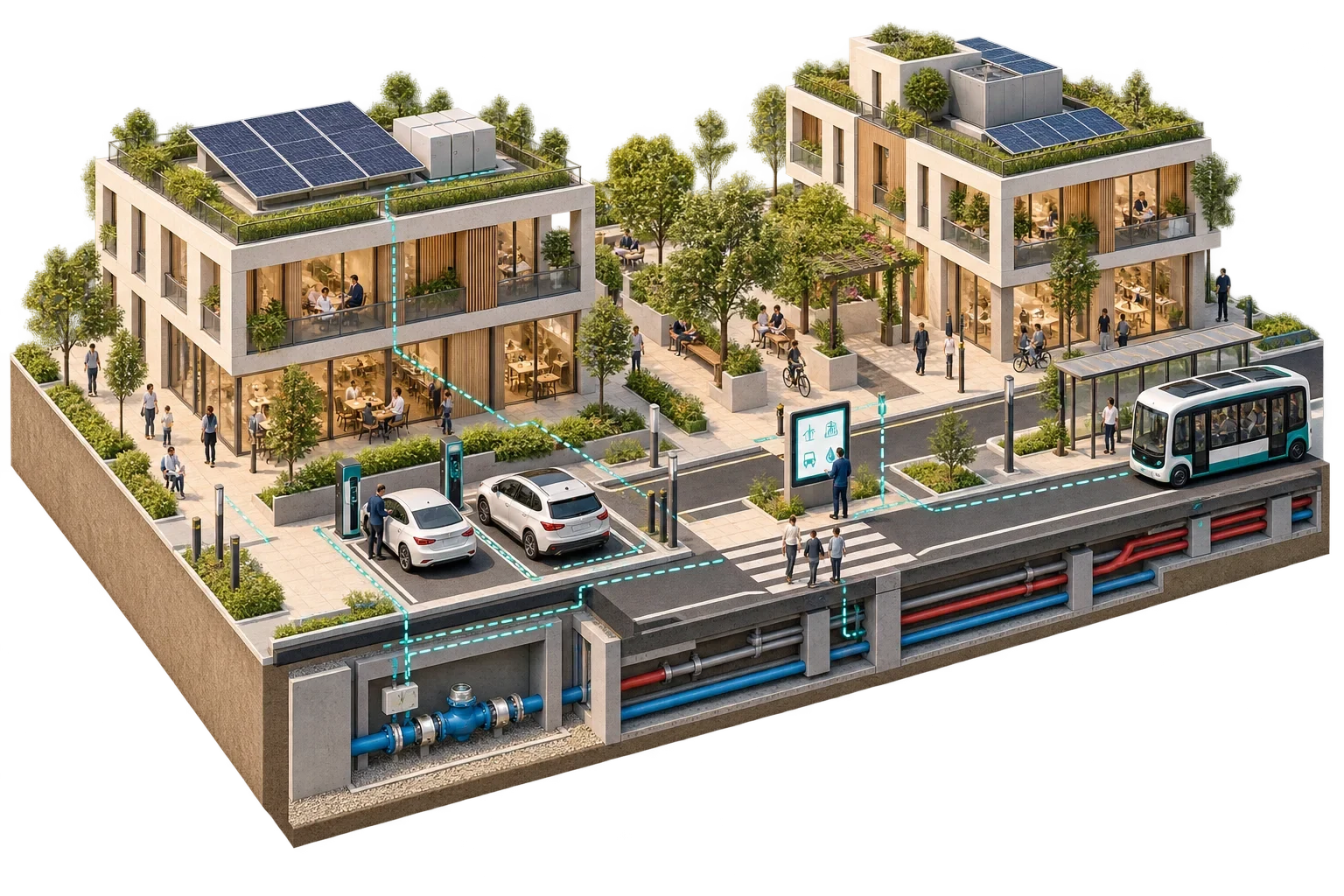 Conceptual isometric illustration: Coordinated District Energy Mobility Hub-1, not a verified engineering diagram.