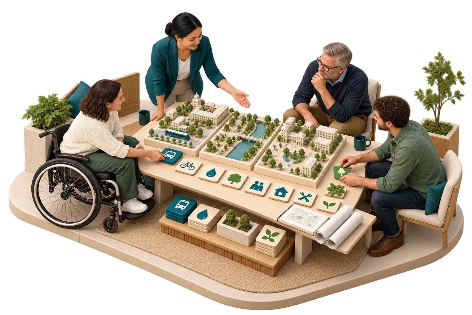 Conceptual isometric illustration: Inclusive civic roadmap workshop-1, not a verified engineering diagram.