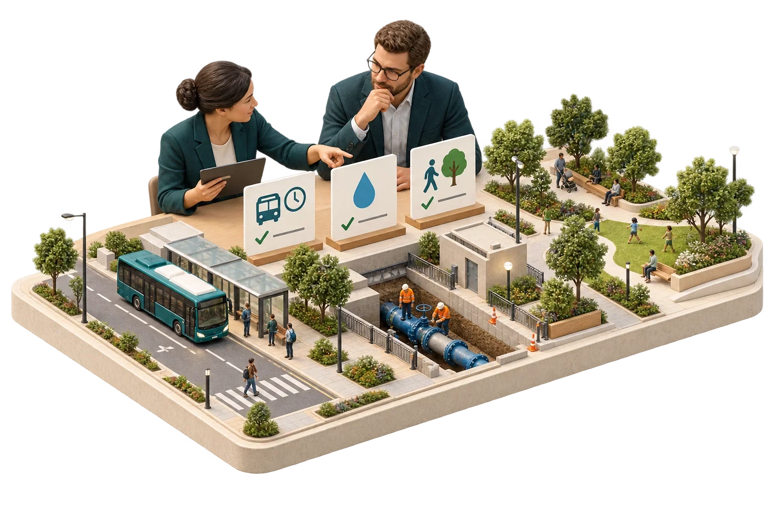 Conceptual isometric illustration: Smart City Service Outcomes-2, not a verified engineering diagram.