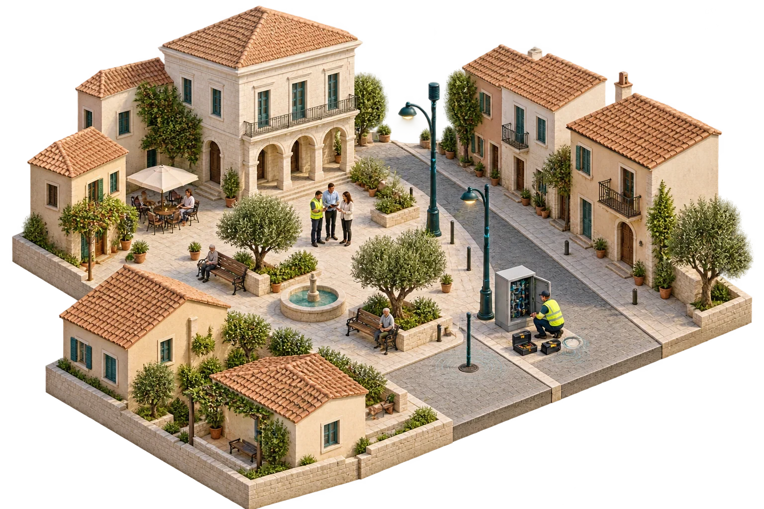Conceptual isometric illustration: Small-town smart street pilot-1, not a verified engineering diagram.