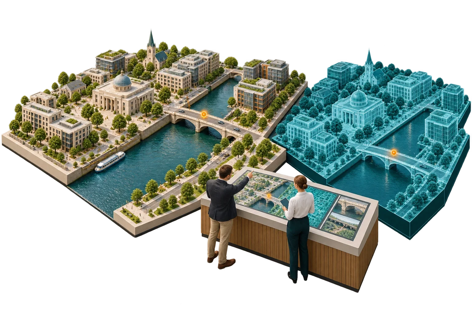Conceptual isometric illustration: Riverside Neighborhood Digital Twin-2, not a verified engineering diagram.