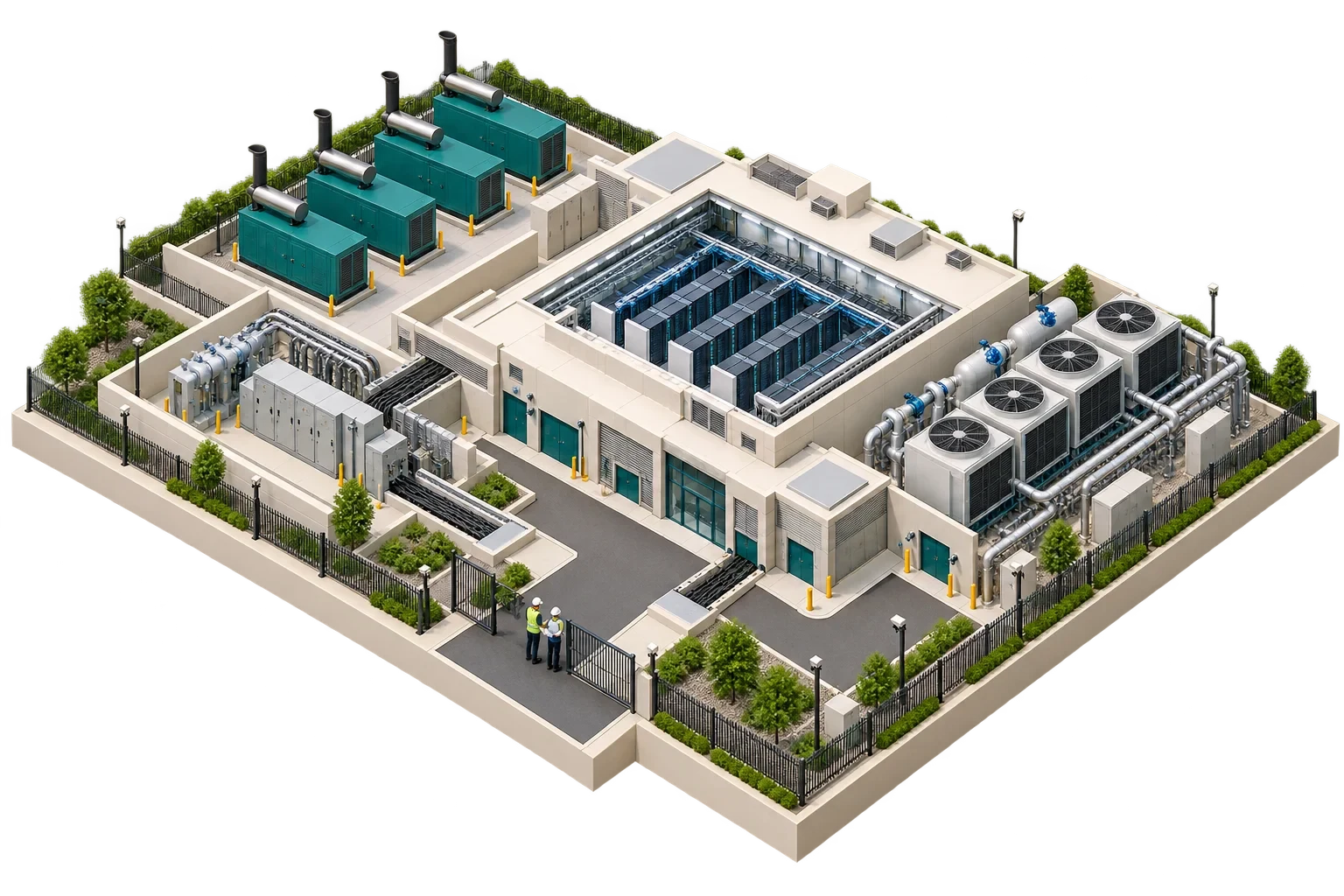 رسم isometric تصوري: Coordinated data centre infrastructure campus-7، وليس مخططًا هندسيًا معتمدًا.