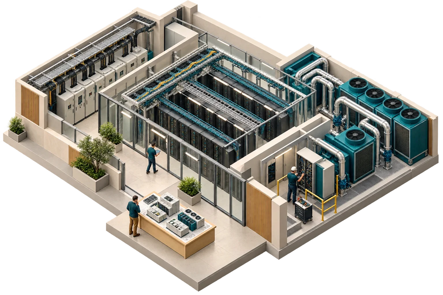 Conceptual isometric illustration: Data center resilience design review, not a verified engineering diagram.