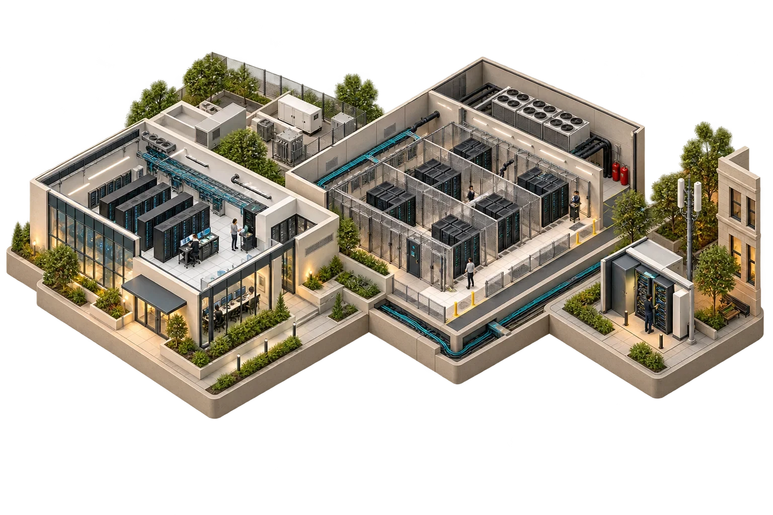 Conceptual isometric view of enterprise, colocation and edge data centre facilities at different scales.