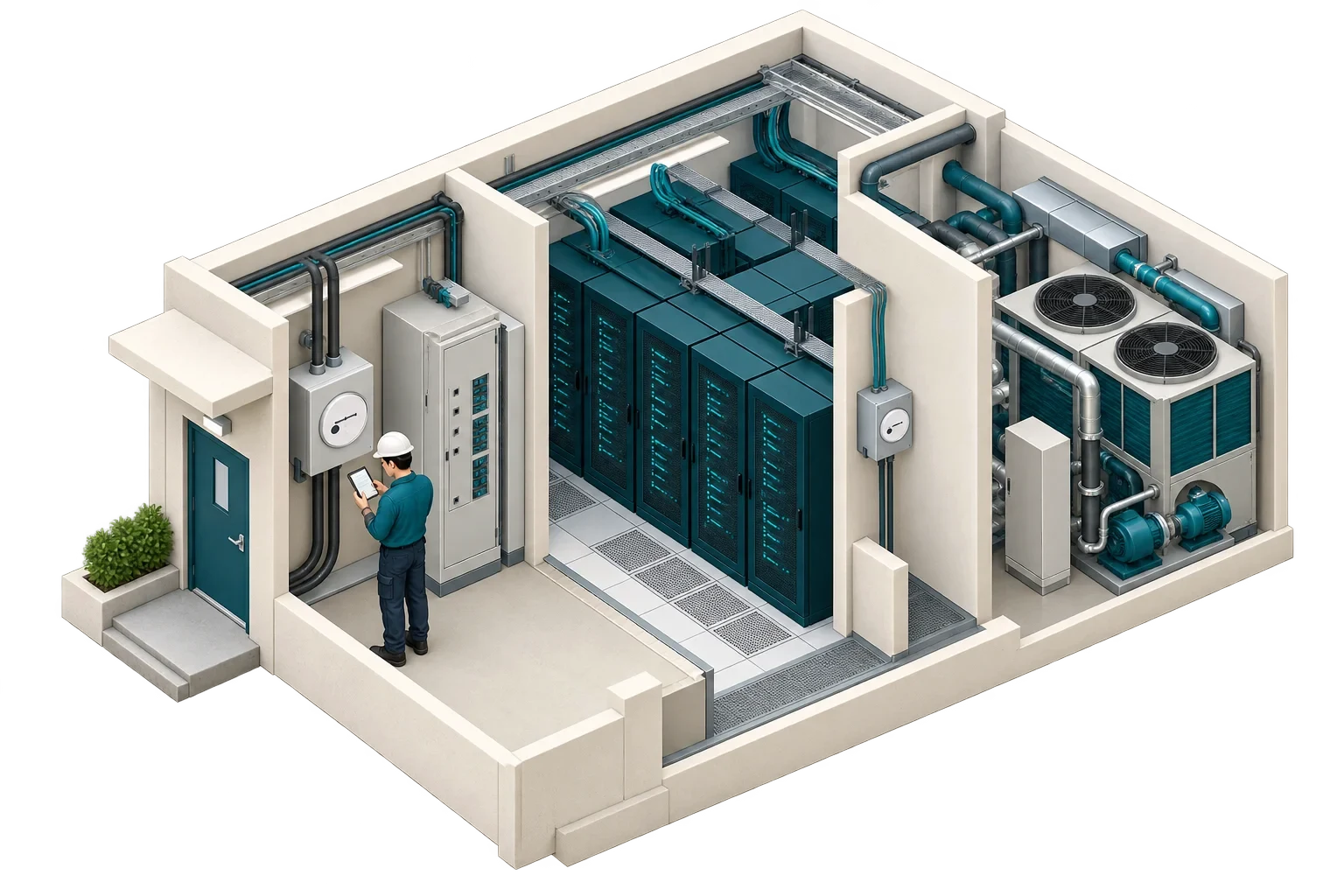 رسم isometric تصوري: Dual-Meter Data Center Cutaway-6، وليس مخططًا هندسيًا معتمدًا.