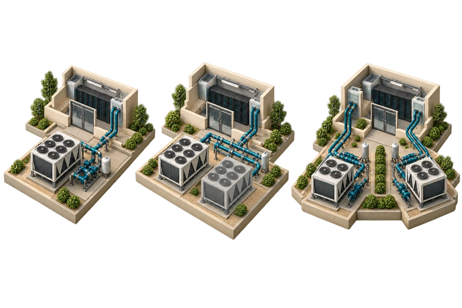 Illustrazione concettuale di tre livelli di ridondanza per la stessa sala server, non uno schema tecnico.