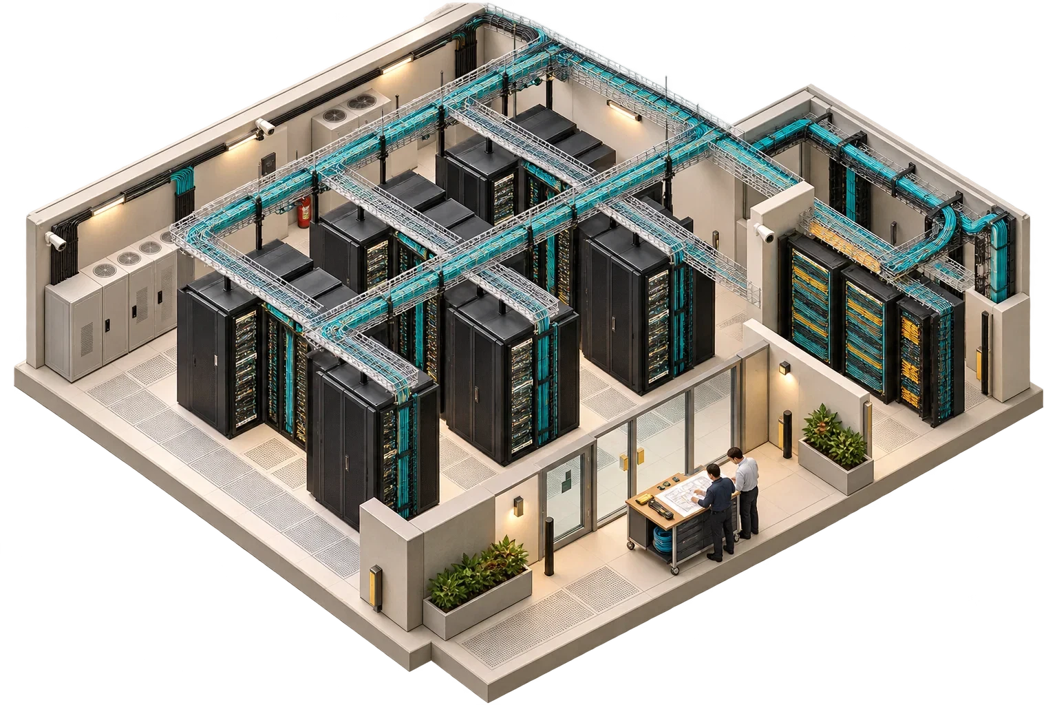 Conceptual isometric server room highlighting structured cabling trays, patching and rack rows.