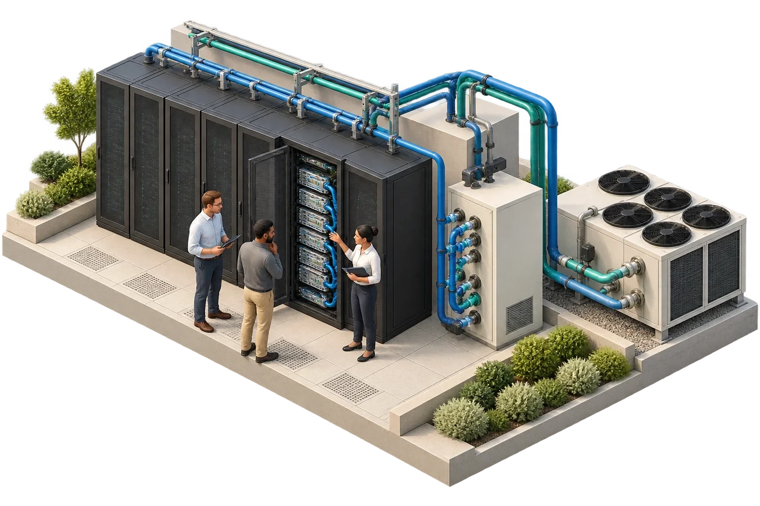 Scena concettuale di revisione su rack ad alta densità con raffrescamento a liquido e scambio termico.