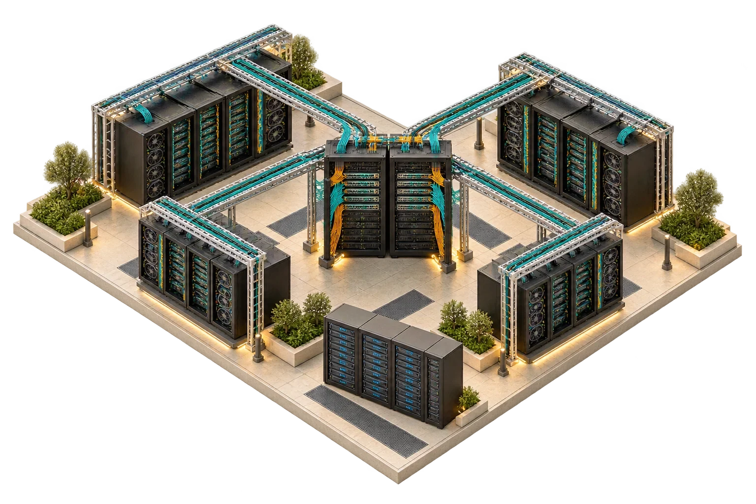 Cluster concettuale con isole GPU collegate tramite rack di switching strutturato.