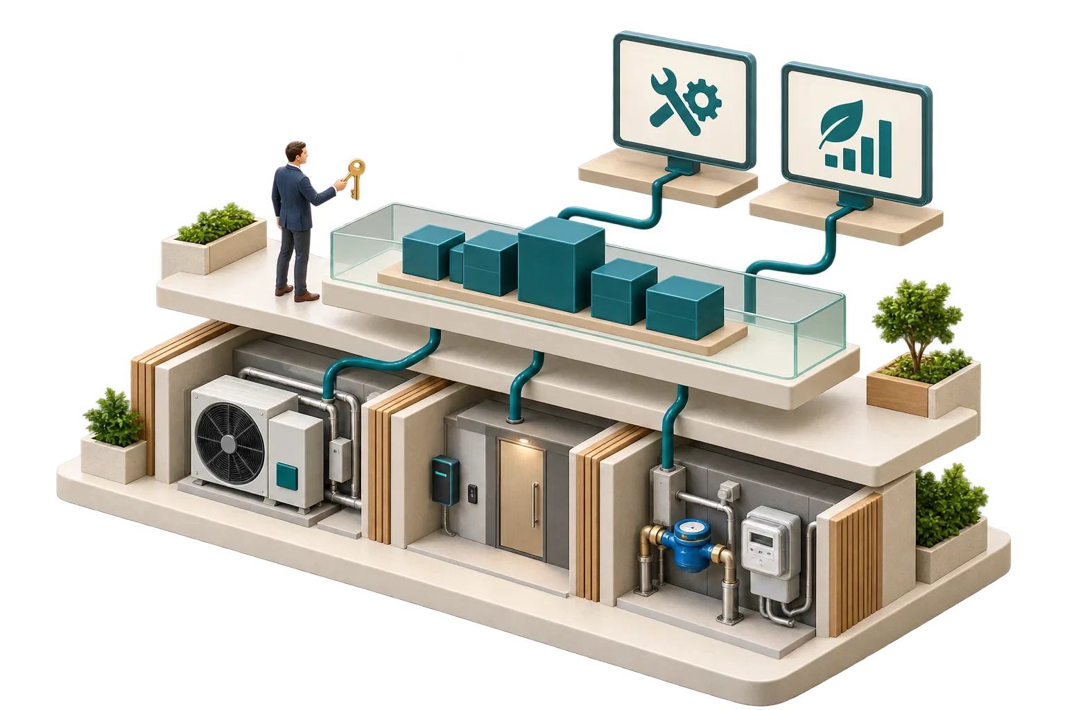 رسم isometric تصوري: Isometric smart building data layer-4، وليس مخططًا هندسيًا معتمدًا.