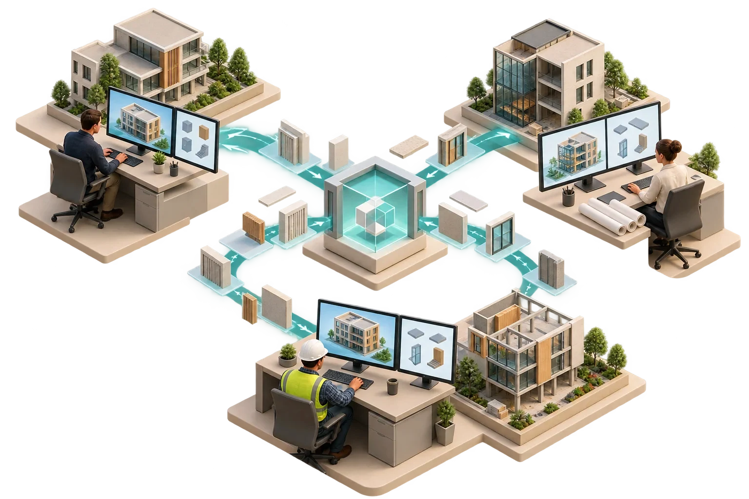 Conceptual interoperability scene with building elements exchanged consistently across different workstations.