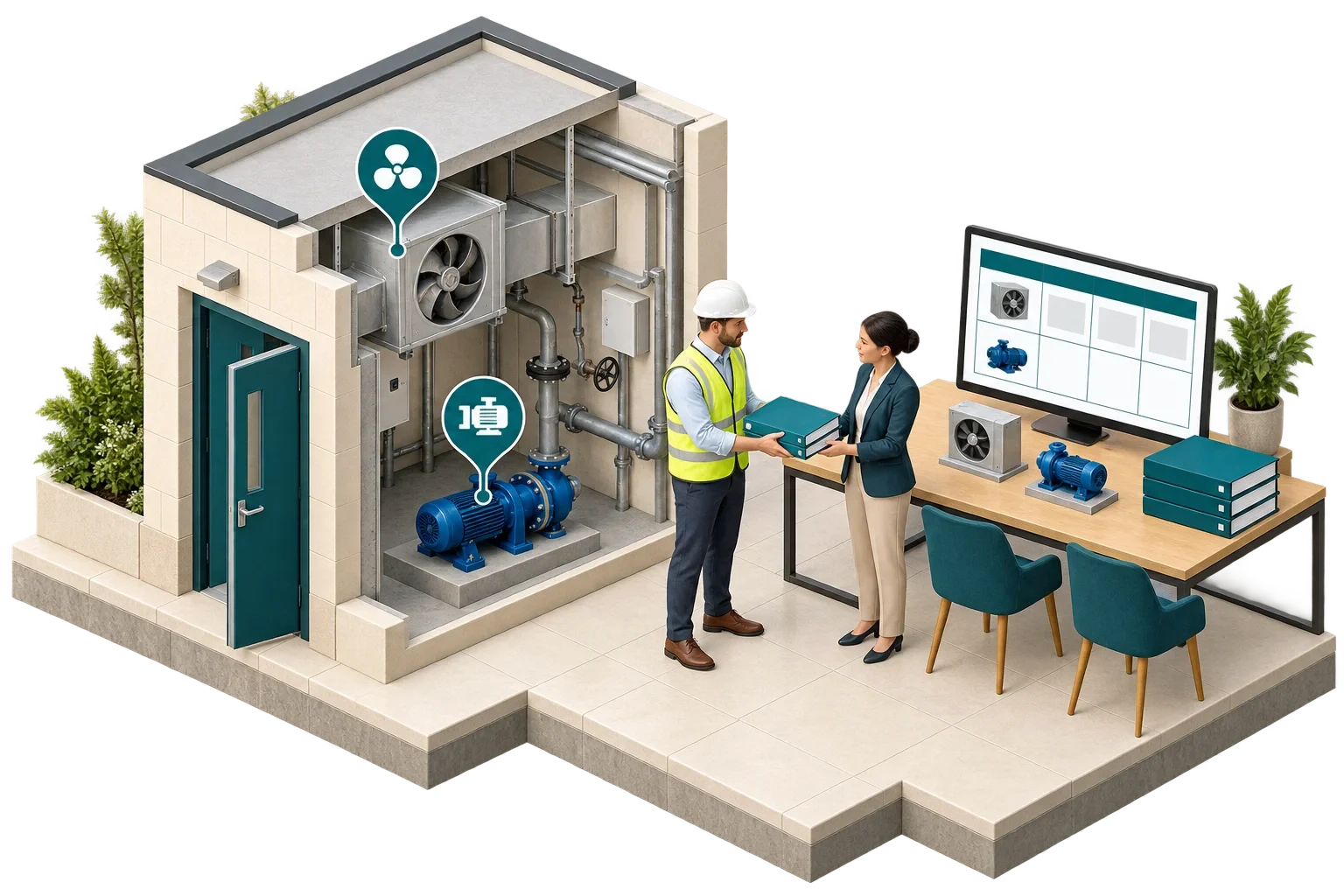 Conceptual isometric illustration: Structured asset handover review-10, not a verified engineering diagram.