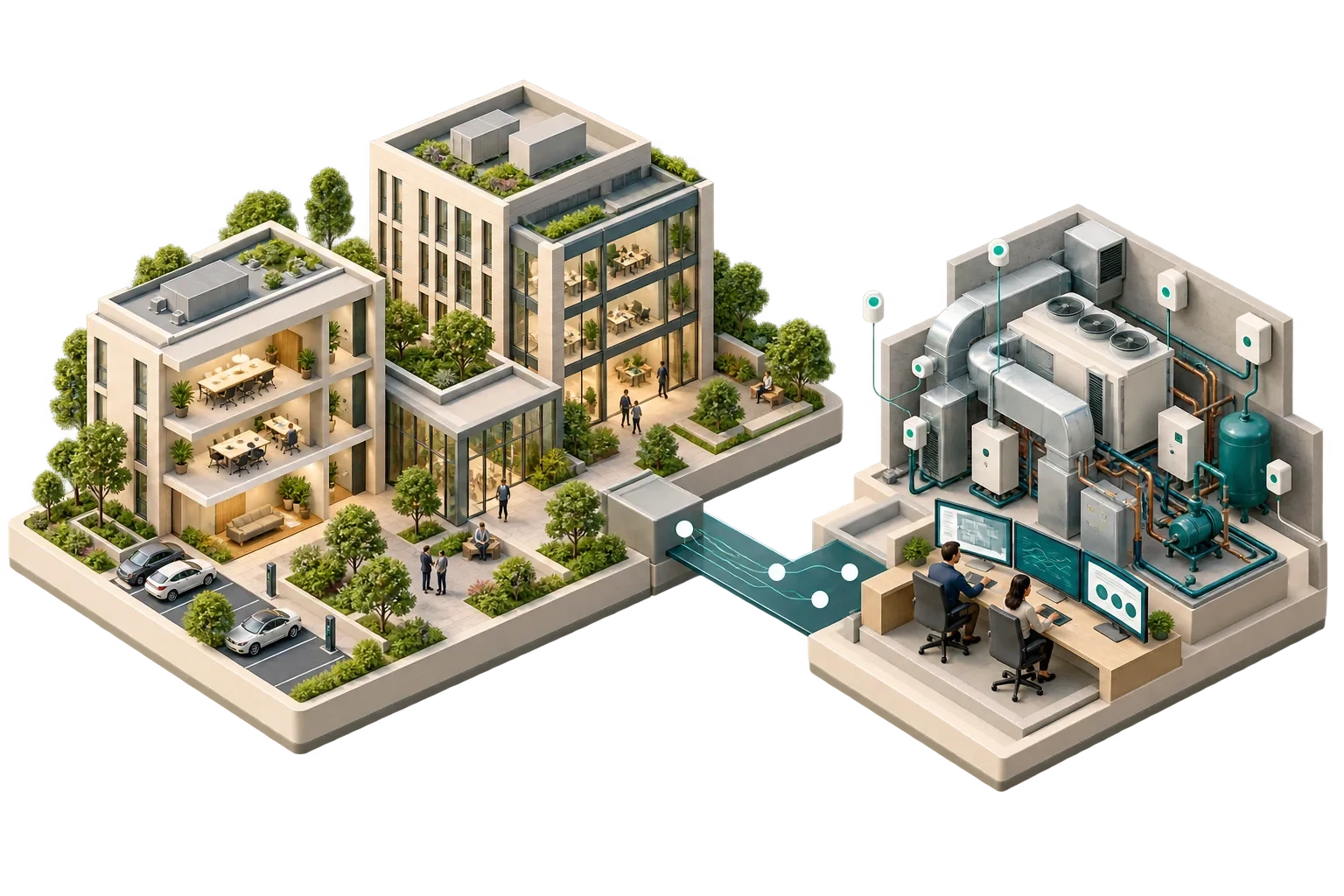 Conceptual campus model bridging property assets and HVAC semantics, not a RealEstateCore reference implementation.