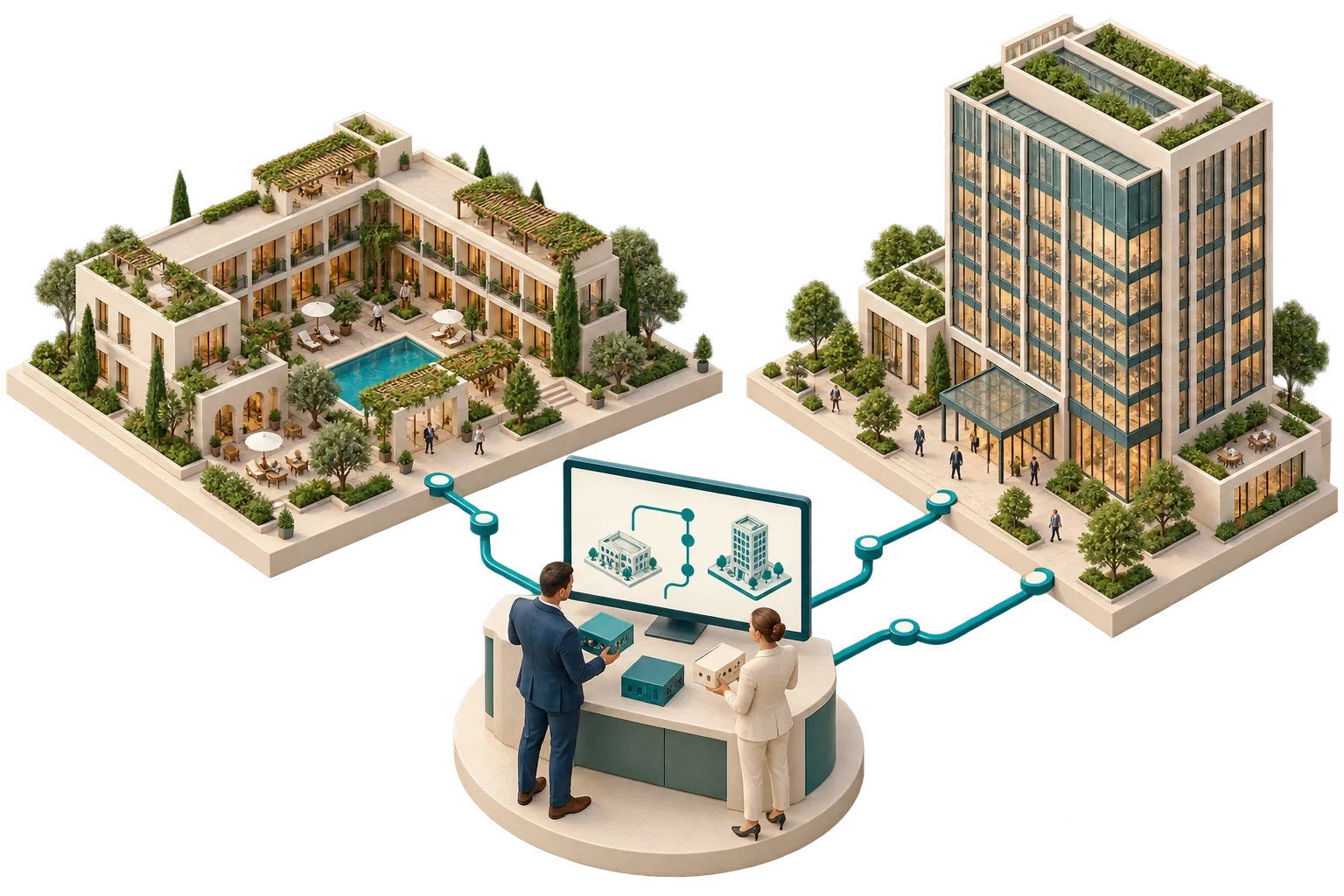 رسم isometric تصوري: Comparing platforms across hotel and office pilots-2، وليس مخططًا هندسيًا معتمدًا.