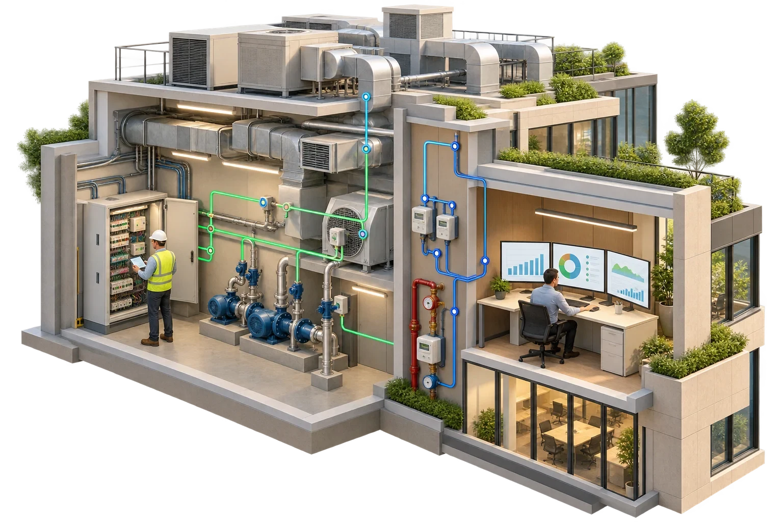 Incontro concettuale tra controlli edificio e strumenti di analisi energetica, non schermata di un EMS specifico.