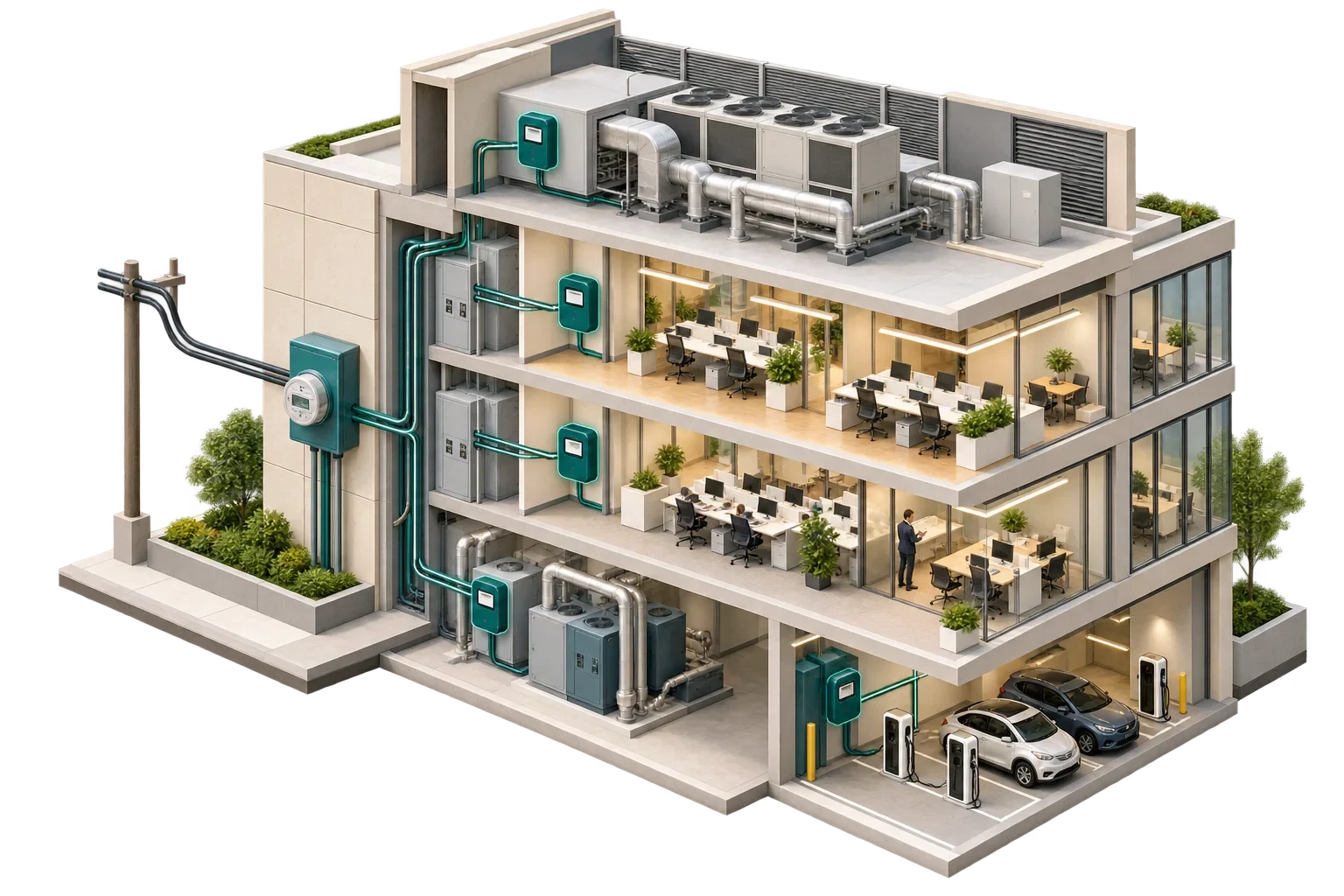 Layout concettuale di sottometer in un edificio commerciale, non un progetto di meteraggio approvato.
