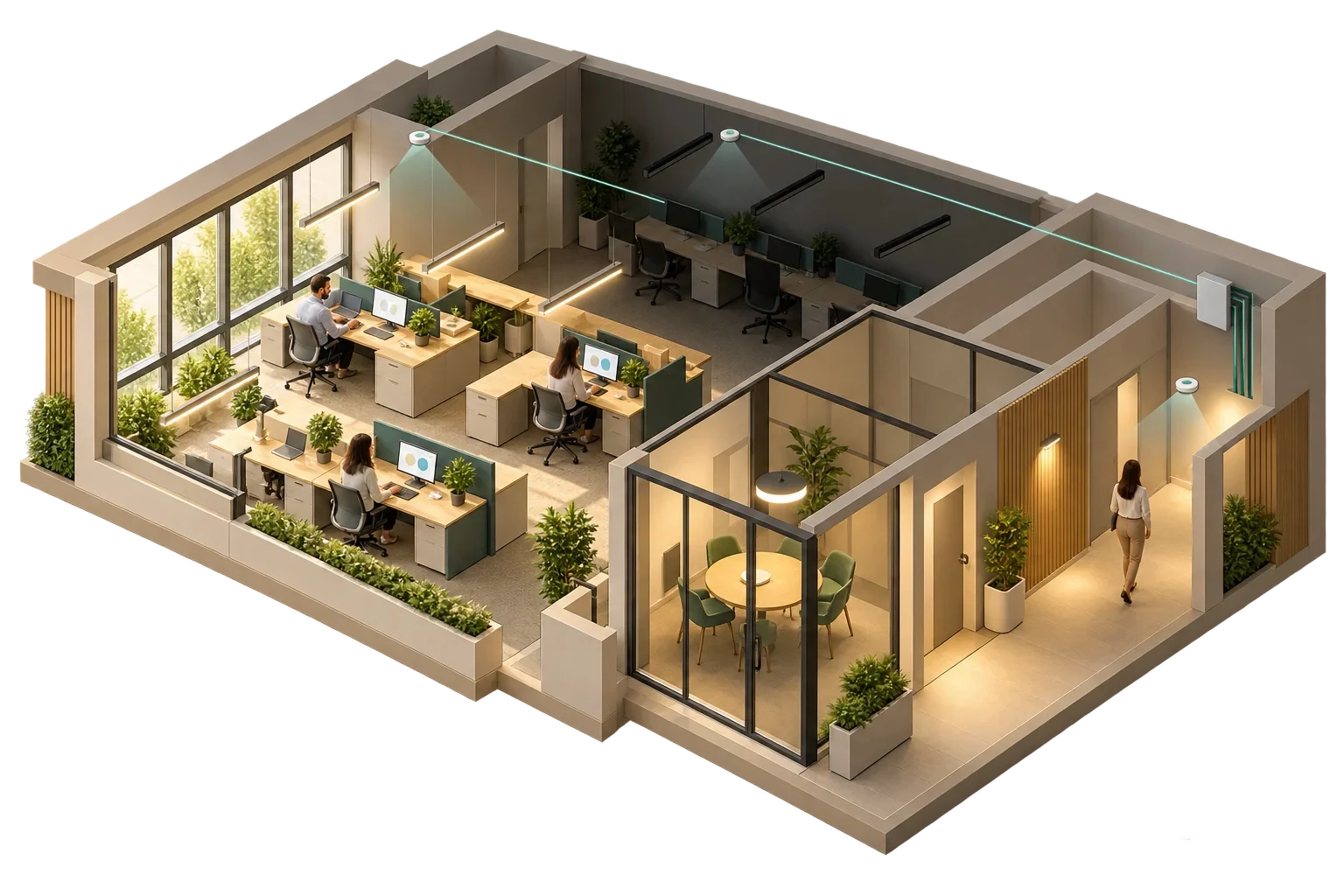 Sezione concettuale di illuminazione smart in ufficio con controlli e luce naturale, non livelli lux calcolati.