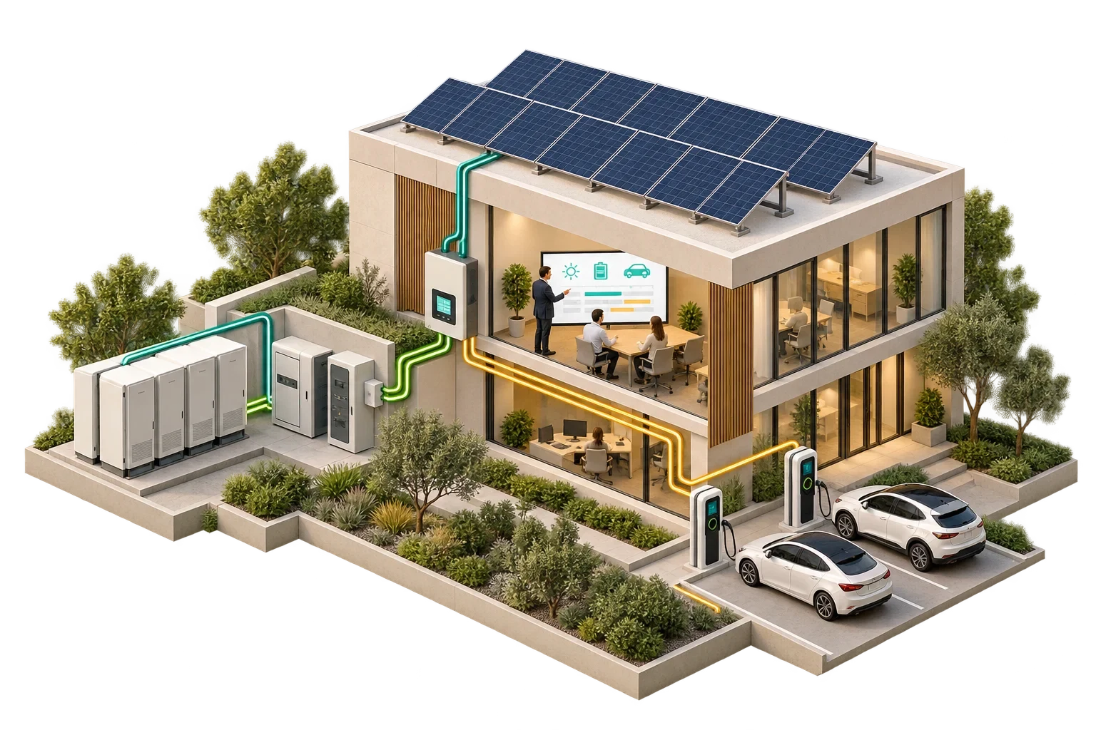 Hub concettuale che coordina solare, batterie e ricarica EV in sito, non un progetto elettrico dimensionato.
