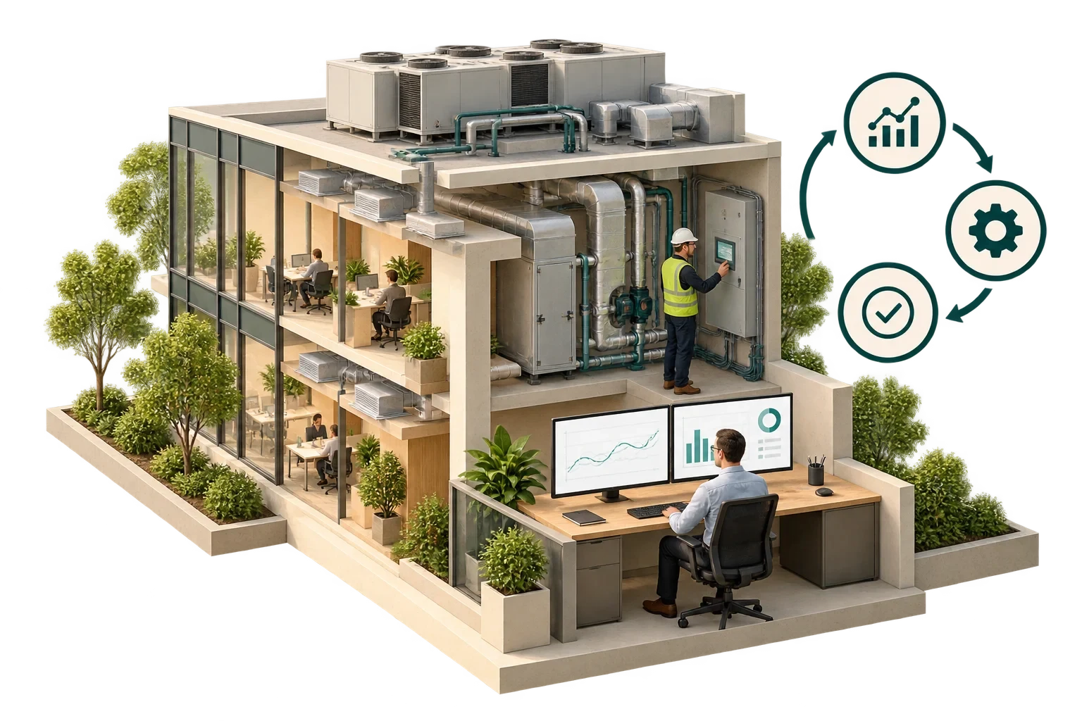 Conceptual continuous HVAC commissioning in an occupied building, not commissioning test certificates.