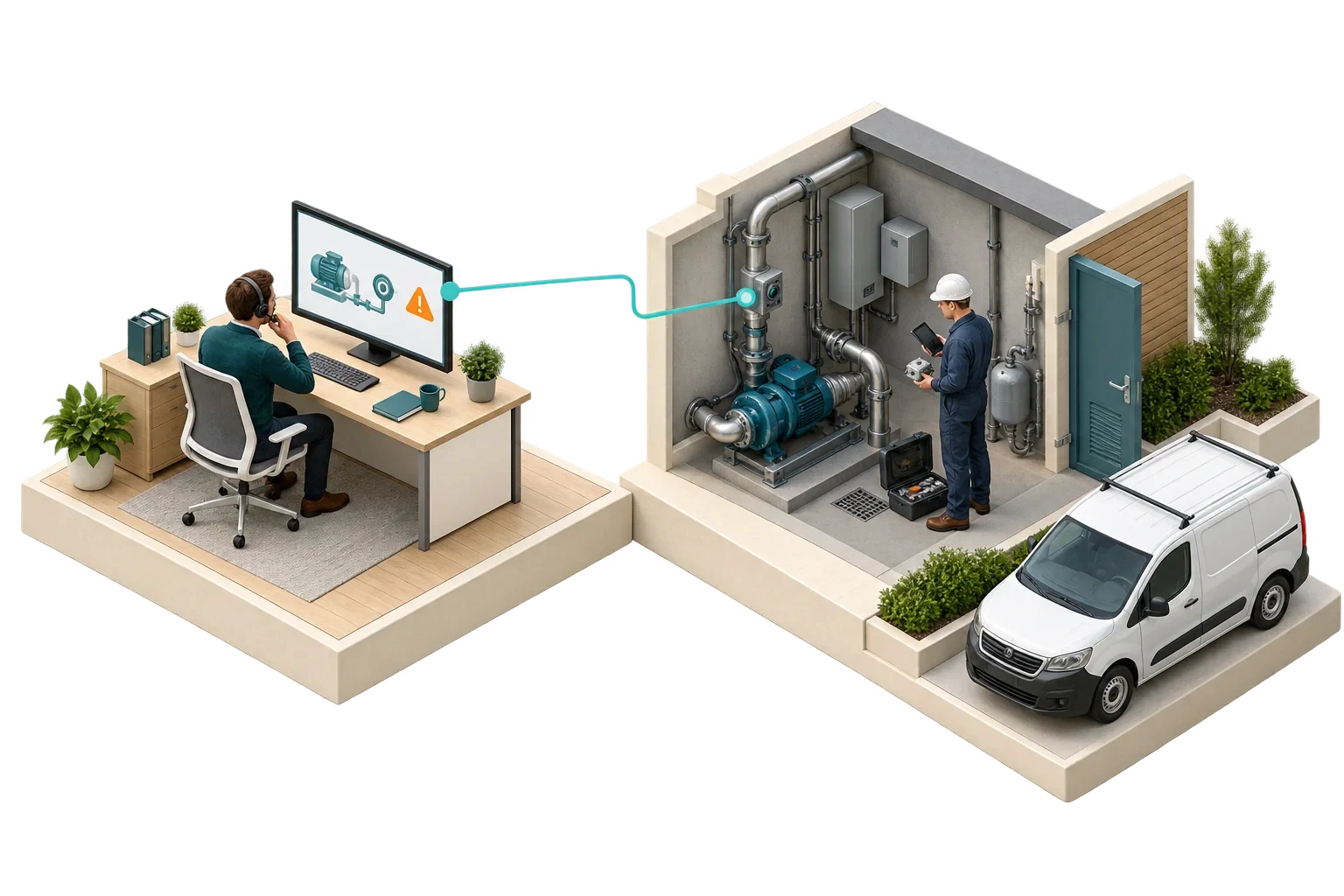 رسم isometric تصوري: Remote monitoring guides prepared service visits-9، وليس مخططًا هندسيًا معتمدًا.