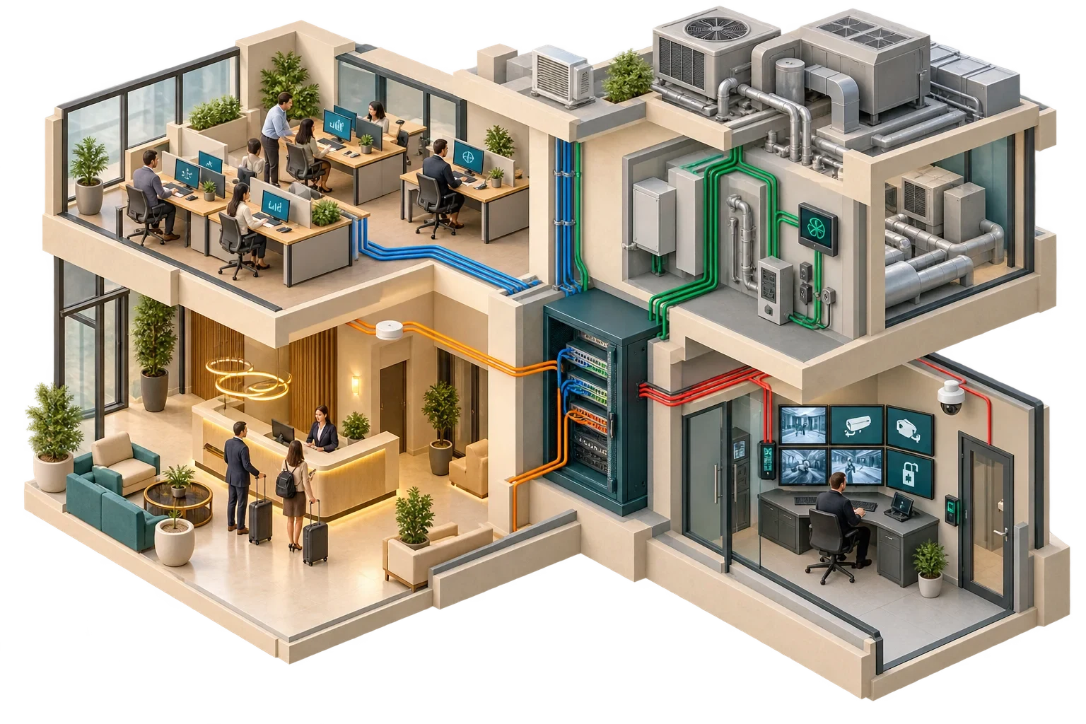Zone concettuali di segmentazione di rete in un edificio tramite gateway centrale, non documentazione VLAN.