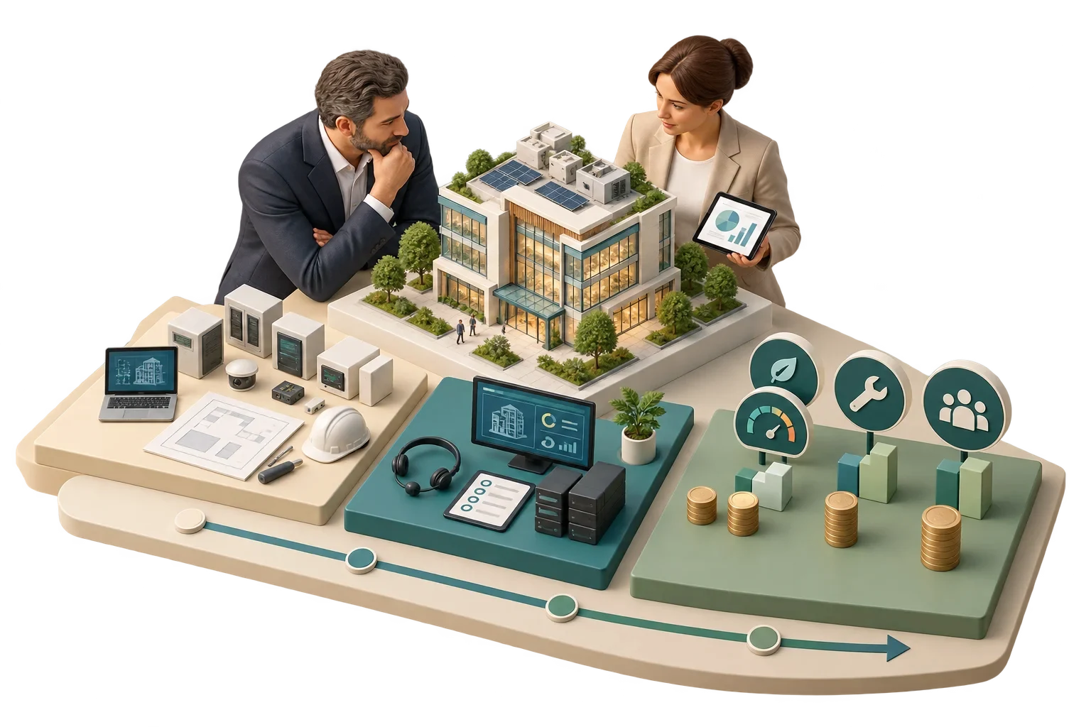 Conceptual ROI planning with separated costs and outcome pictograms, not promised payback figures.