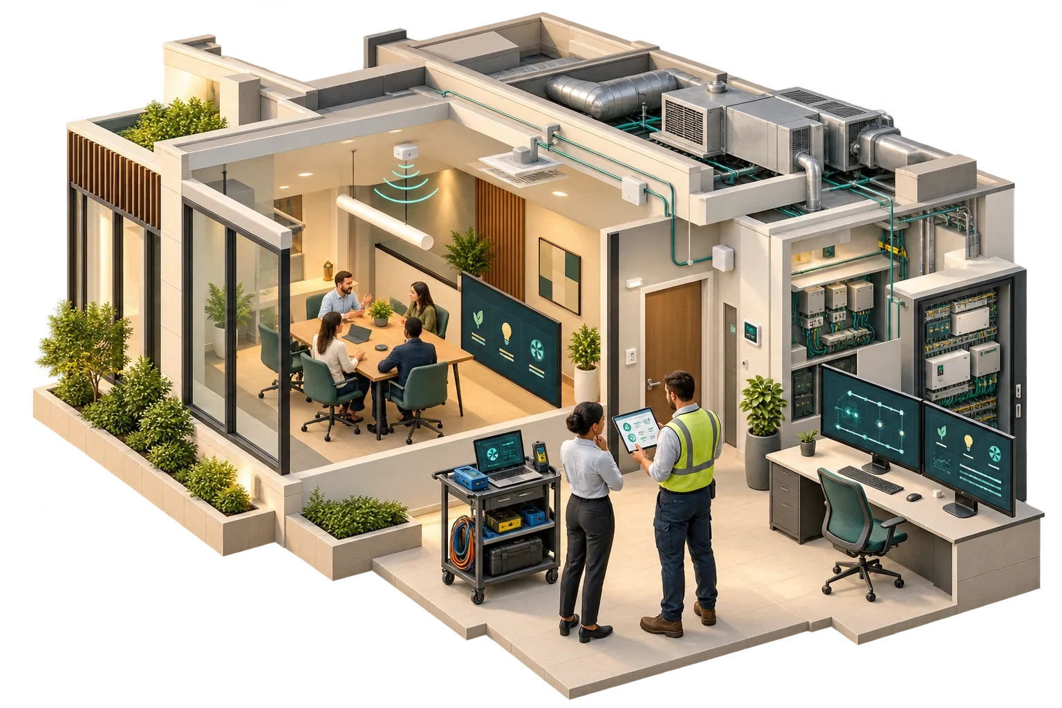 Test concettuale di commissioning di sistemi integrati in zona occupata, non certificato formale.