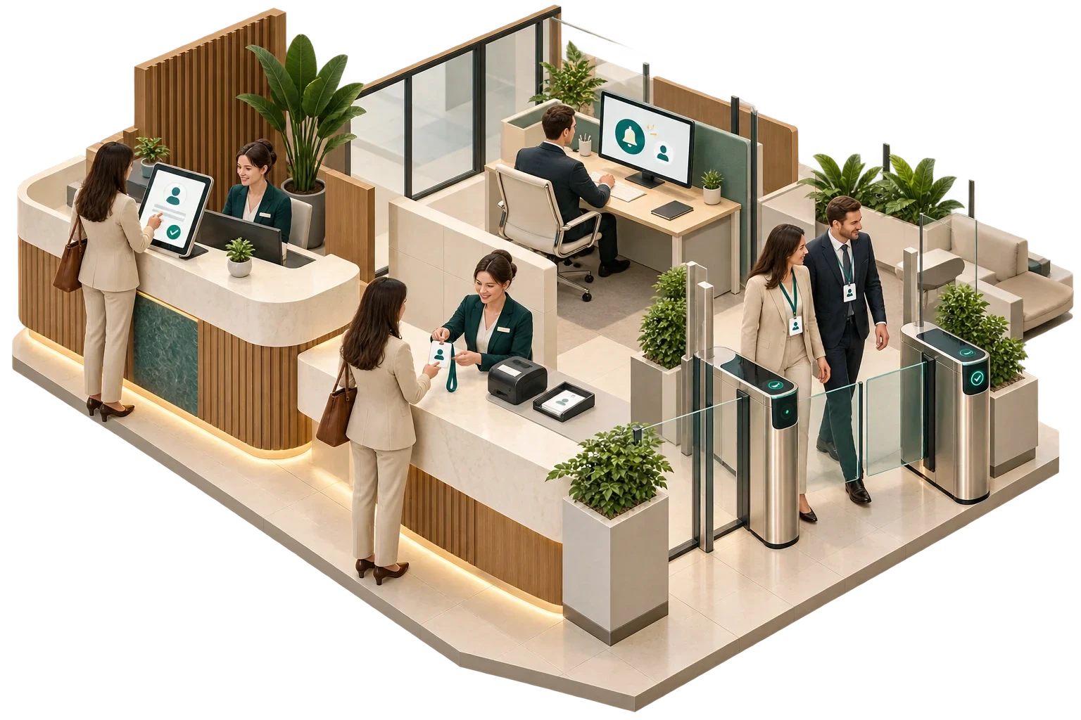 Flusso concettuale di visitor management in lobby dalla registrazione all’ingresso accompagnato, senza dati personali.