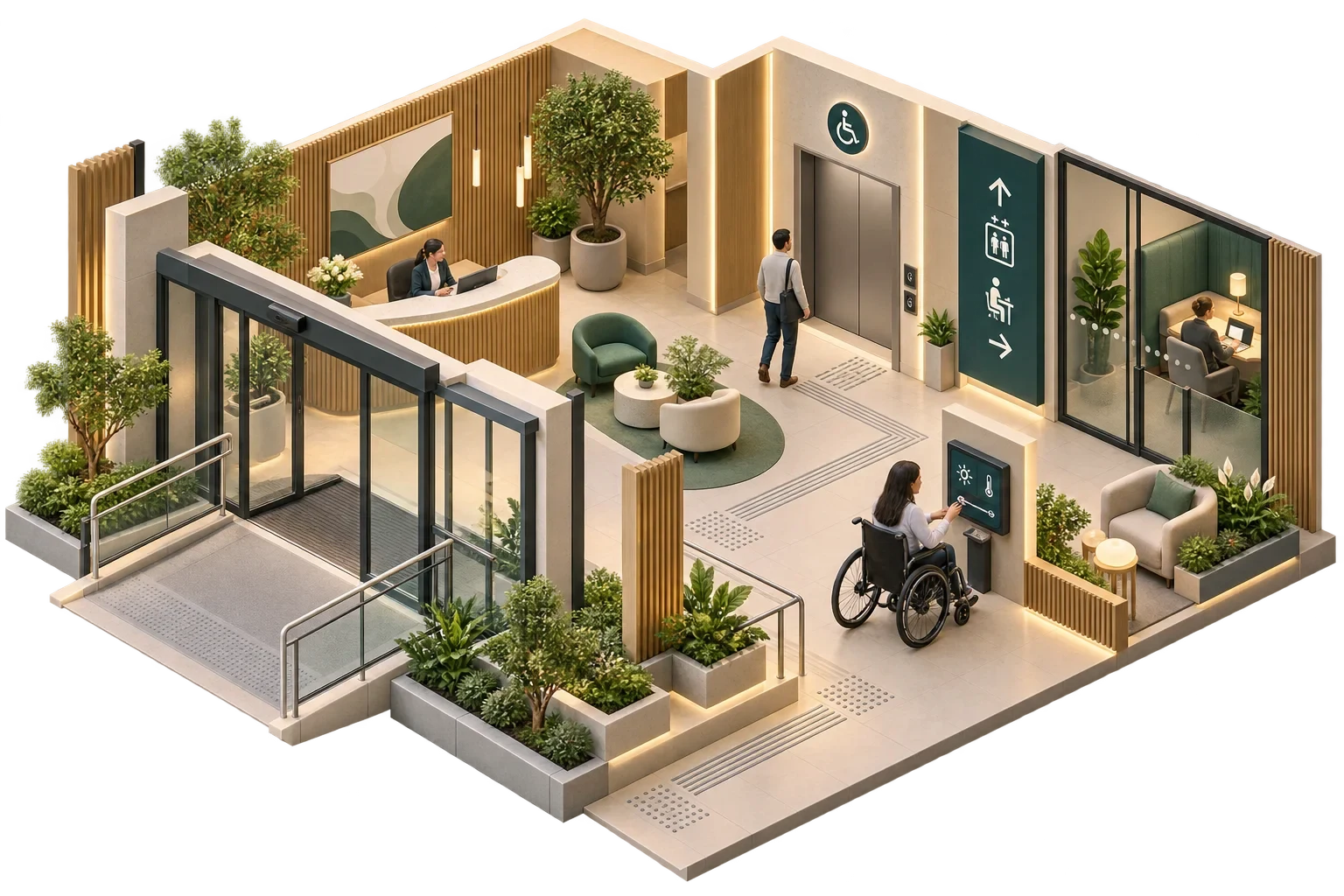 Conceptual inclusive lobby with step-free routes and reachable controls, not a certification badge.