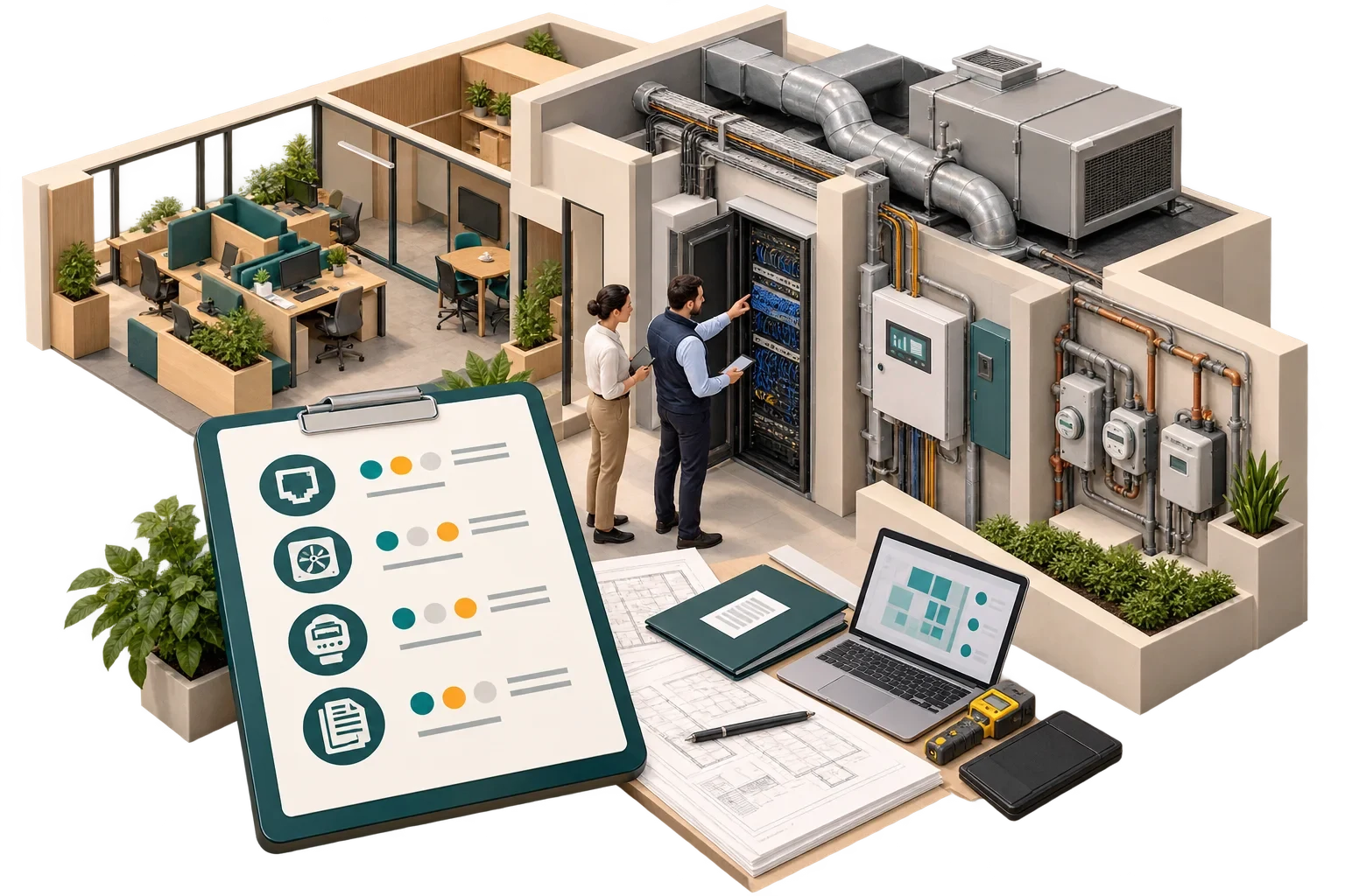 Conceptual smart-technology readiness walkthrough inspecting infrastructure and records, not an all-clear score.