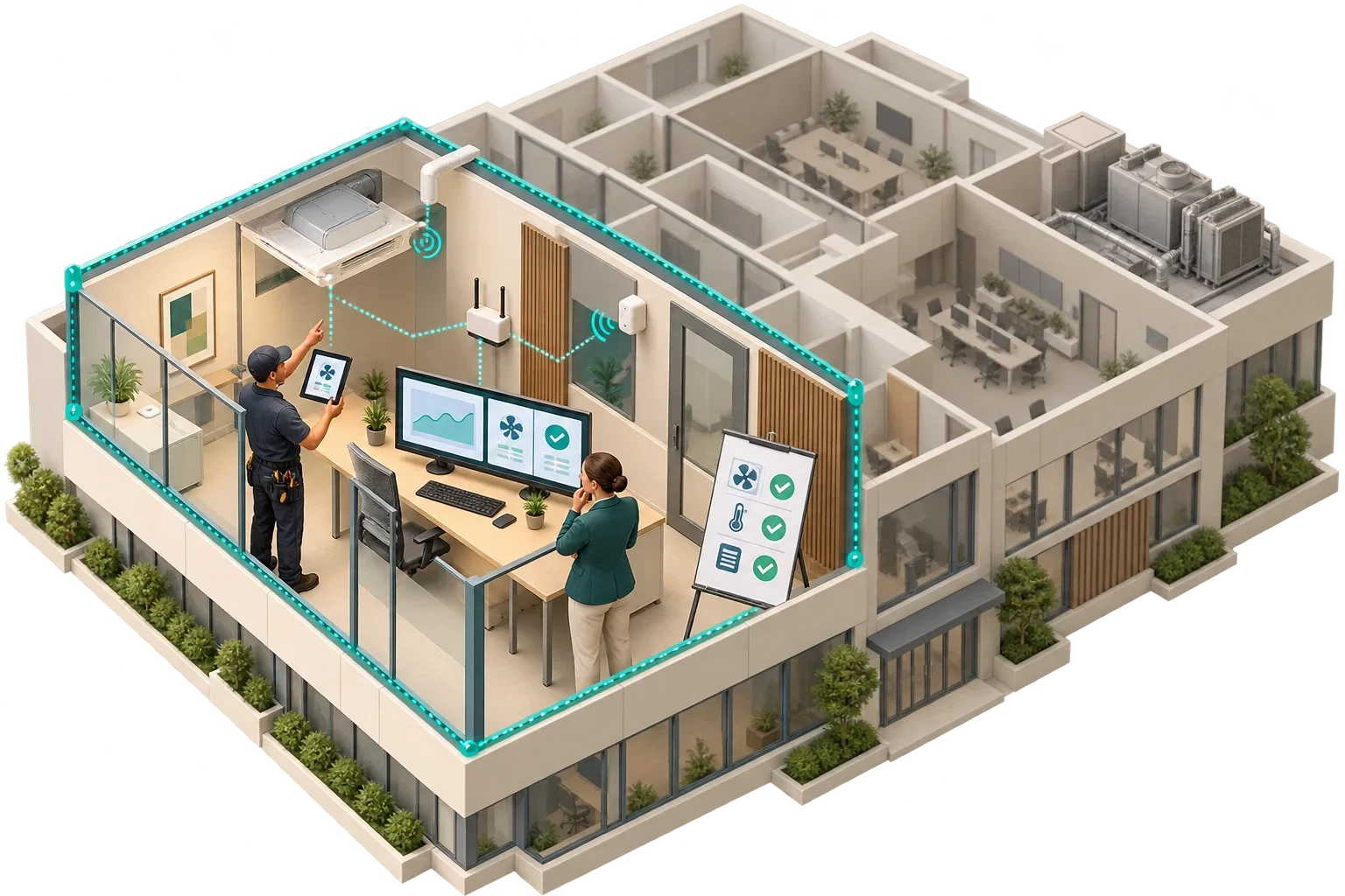 Conceptual bounded proof-of-concept pilot zone with sensors and acceptance checks, not a full-building rollout.