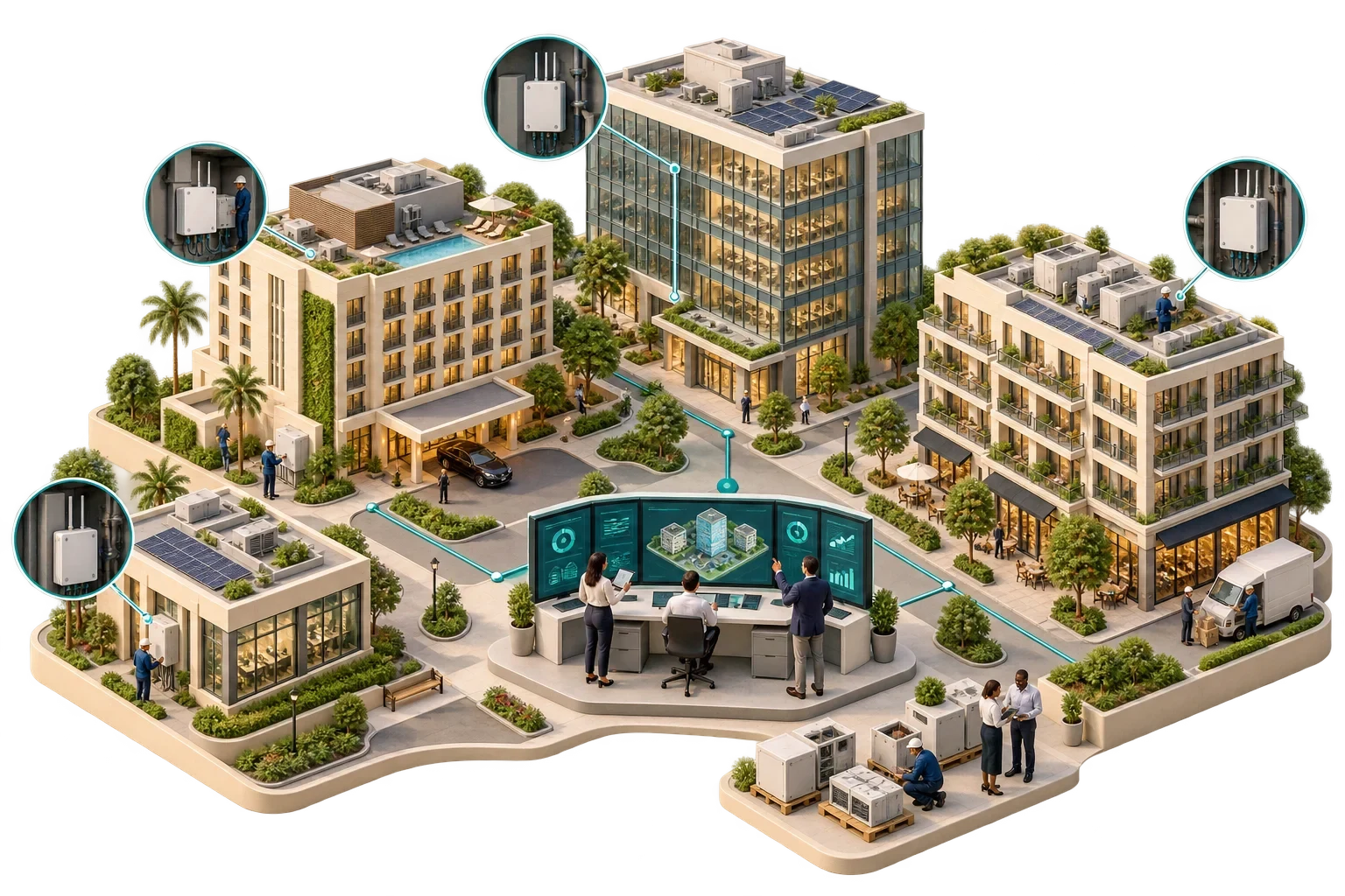 Conceptual portfolio rollout from a pilot building to varied assets with shared standards, not identical copies.