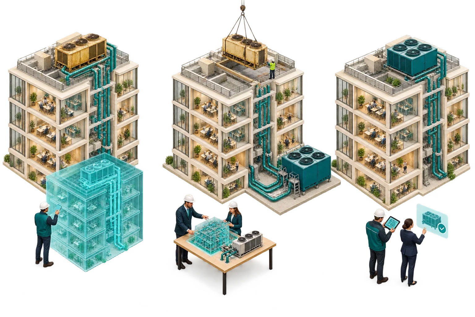 Cooling upgrade planned across an occupied building using connected asset information.