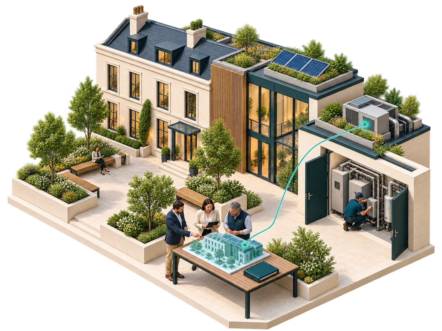 Stewardship of a connected courtyard asset over time.