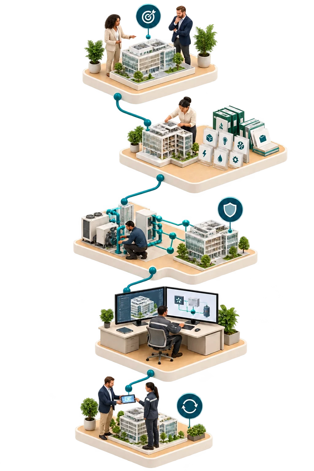 Five stages from purpose and information through to verification and stewardship.