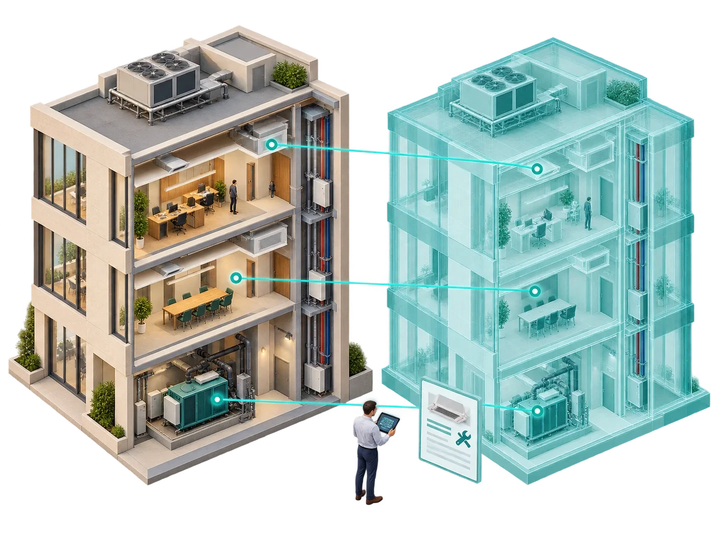 A physical building synchronized with its digital twin representation.
