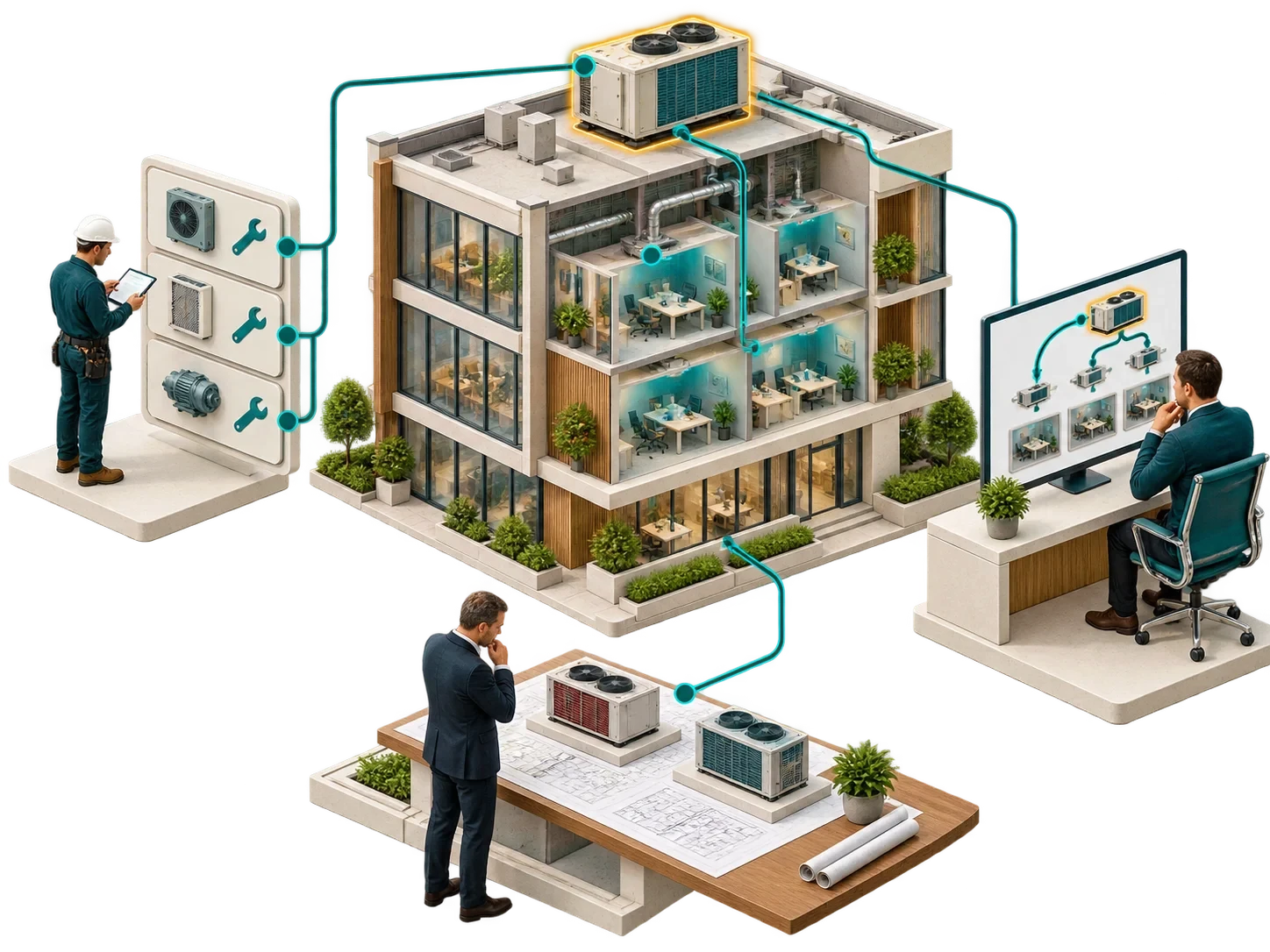 A digital twin linking assets, people and decisions across a building.