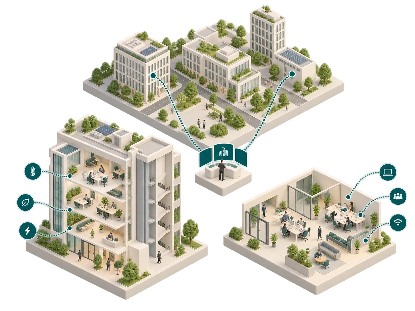Un distretto, uno spaccato di edificio e un interno tenant come un unico contesto di progetto collegato.