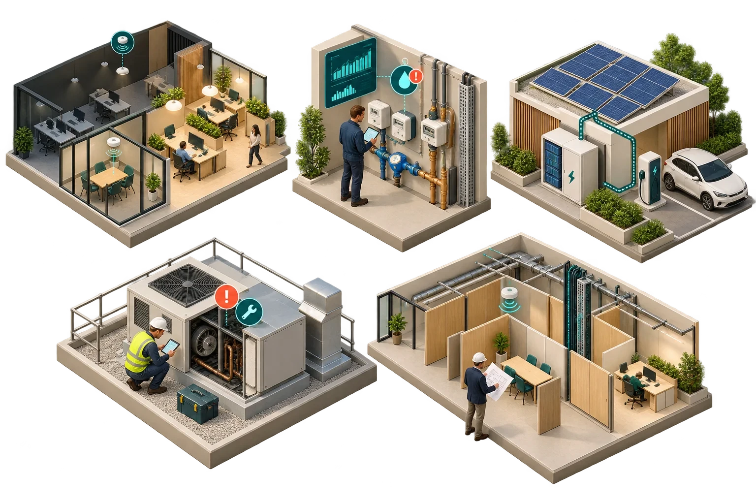 Cinque scene di edificio intelligente che mostrano benefici pratici di sostenibilità.