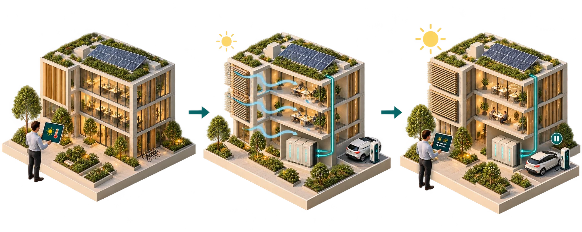 Un edificio intelligente che prepara raffrescamento, accumulo e schermature in vista del caldo previsto.