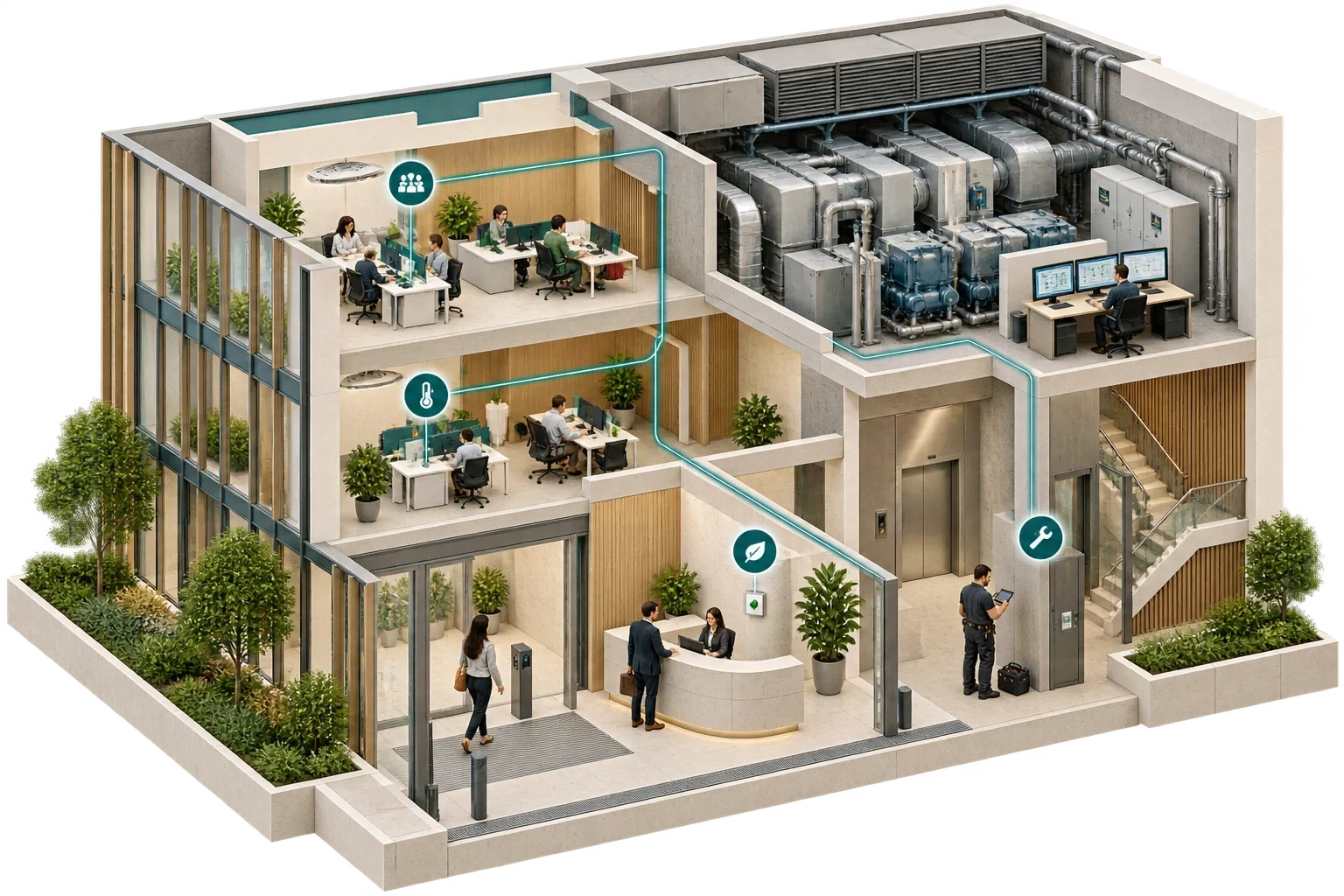 Illustrazione isometrica concettuale: Beyond BMS A Connected Smart Building, non un diagramma tecnico verificato.