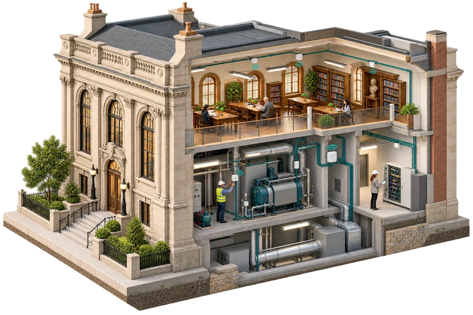 Illustrazione isometrica concettuale: Historic building, modern smart retrofit-1, non un diagramma tecnico verificato.