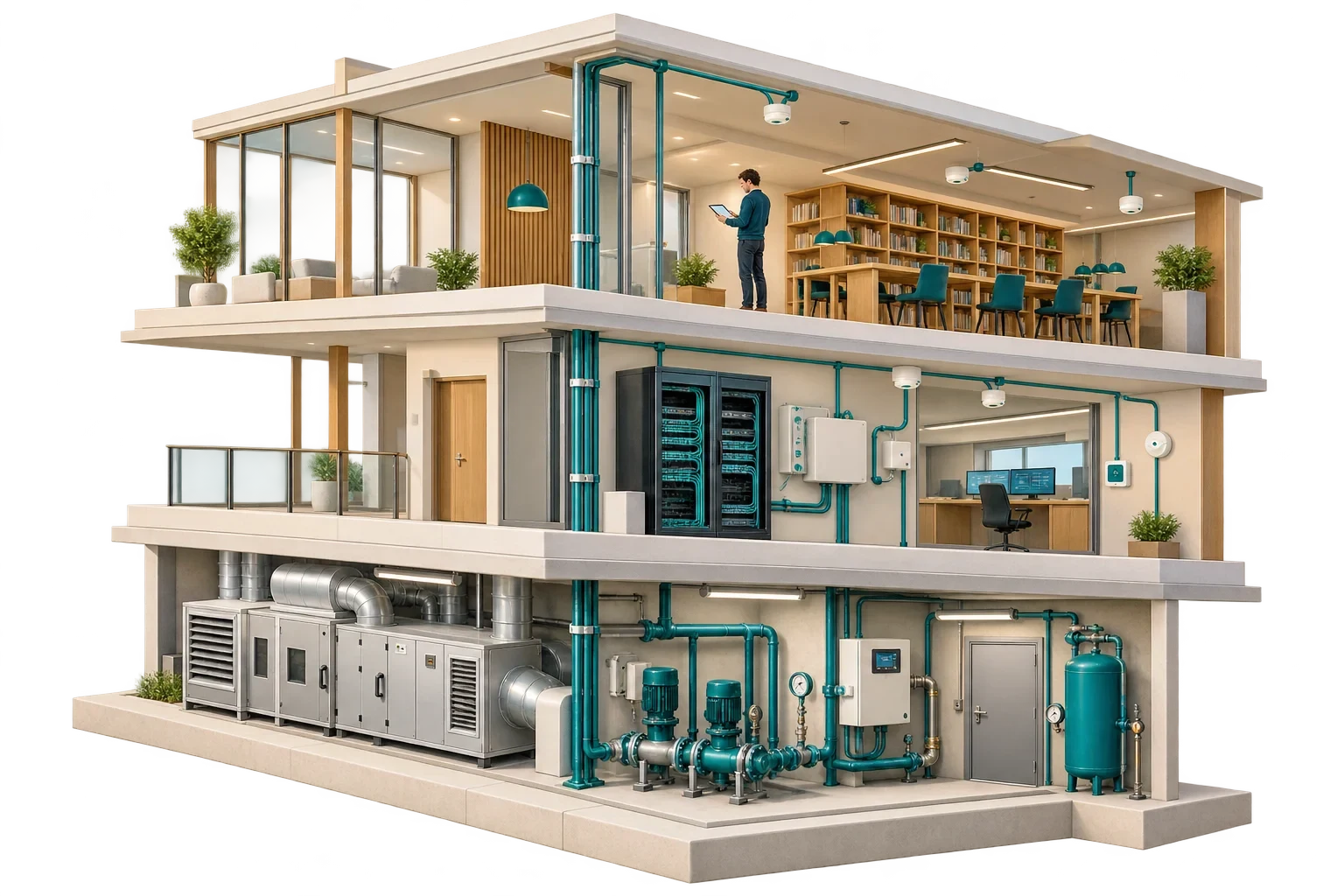 Illustrazione isometrica concettuale: Smart Building Components in Connected Layers-2, non un diagramma tecnico verificato.